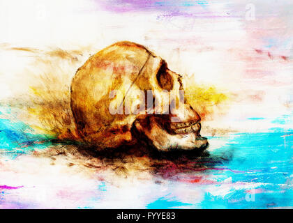 painting skull  on paper and abstract color effect. Stock Photo