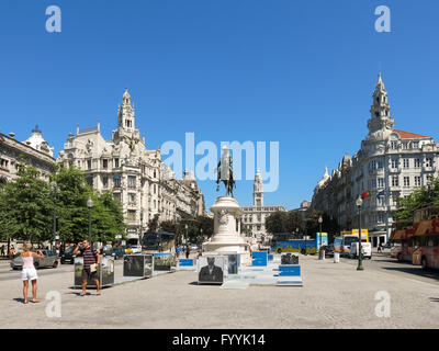 People on Liberdade Square with King Peter IV monument in Porto, Portugal Stock Photo