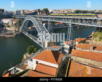 View from Jardim de Morro in Vila Nova de Gaia to Dom Luis I Bridge over Douro River, Porto, Portugal Stock Photo