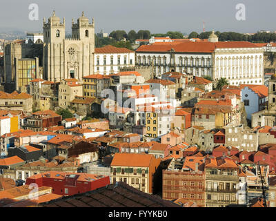 Panorama view of historic district Ribeira with Se Cathedral and Episcopal Palace in Porto, Portugal Stock Photo