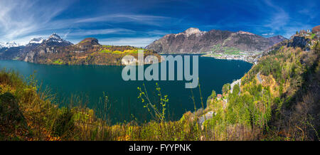 Beautifula panorama of Lake Lucerne, Seelisberg, town Brunnen and village Bauen from Morschach, Switzerland Stock Photo