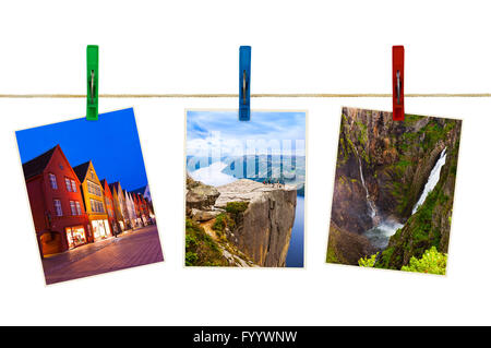 Norway travel photography on clothespins Stock Photo
