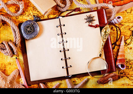 old notebook, loupe and compass on the map Stock Photo