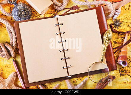 old notebook, loupe and compass on the map Stock Photo