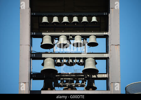 ARLINGTON, Virginia, United States — The Netherlands Carillon, a 127-foot tall open steel tower, stands in Arlington Ridge Park. This musical monument, gifted by the Dutch people in 1954, houses 50 bronze bells weighing from 42 to 6,724 pounds. Designed by Dutch architect Joost W.C. Boks, it was dedicated in 1960 as a symbol of US-Netherlands friendship. The carillon overlooks the Potomac River with views of the Washington, DC skyline, situated between the Marine Corps War Memorial and Arlington National Cemetery. Stock Photo