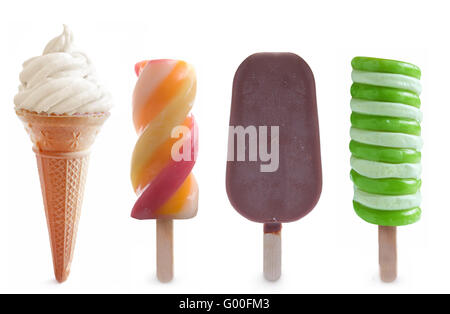 Selection of frozen ice lollies and ice cream over a white background Stock Photo