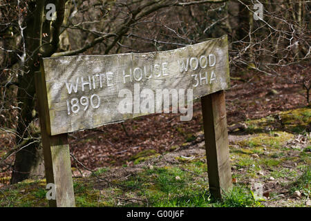 White House Wood sign at Chevin Woods, at Chevin Forest Park, Otley, West Yorkshire. Stock Photo