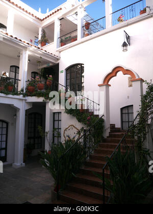 View of courtyard of colonial mansion now hotel called Hostal de Su Merced Stock Photo