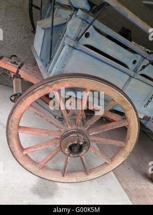 Cart Wheel on display at Arrowtown, Nr Queenstown, South Island, New Zealand Stock Photo
