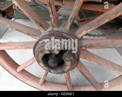 Cart Wheel on display at Arrowtown, Nr Queenstown, South Island, New Zealand Stock Photo