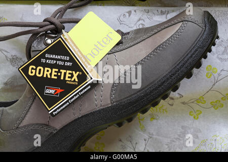 labels on Hotter Gore-tex shoes guaranteed to keep you dry Goretex Stock Photo