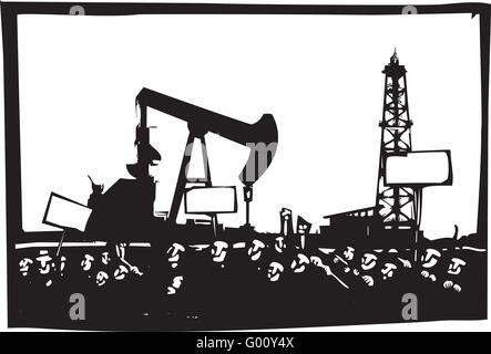 Woodcut style image of a riot or protest in front of an oil drill and pump Stock Vector