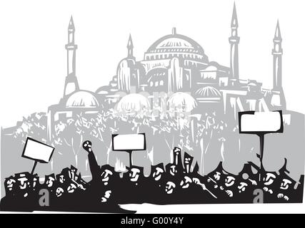 Woodcut style image of a riot or protest in front of the the Hagia Sophia in Istanbul Stock Vector