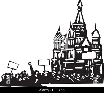 Woodcut style image of a riot or protest in front of the Kremlin in Moscow Stock Vector