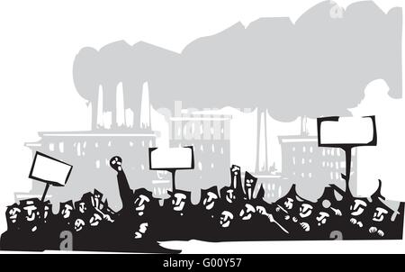 Woodcut style image of a riot or protest in front of a factory Stock Vector