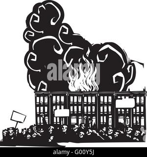 Woodcut style image of a riot or protest in front of burning Baltimore Row houses Stock Vector