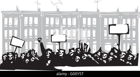 Woodcut style image of a riot or protest in front of Baltimore Row houses Stock Vector