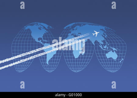 Aircraft in front of a world map in Goode-Projection Stock Photo
