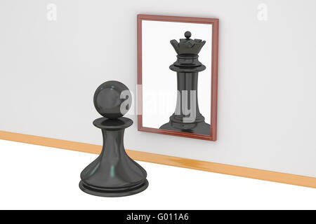 Pawn looking in the mirror seeing queen, strategy concept. 3D rendering Stock Photo