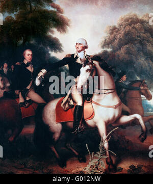 General George Washington in full dress uniform before the final battle of the Revolutionary War at Yorktown, Virginia in 1781. The figure to Washington's immediate right is the Marquis de Lafayette, and the three officers barely visible behind him are Compte de Rochambeau, Henry Knox and Benjamin Lincoln. Alexander Hamilton is the rider on the right of the picture. Reproduction of a painting by Rembrandt Peale. Stock Photo