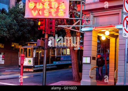 A San Francisco Cable Car parked for the night at Fishermans Wharf in San Francisco California Stock Photo