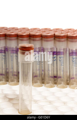 test tubes with red covers in rack isolated on white Stock Photo