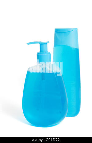 Close up of a blue plastic cosmetics bottle isolated on white Stock Photo