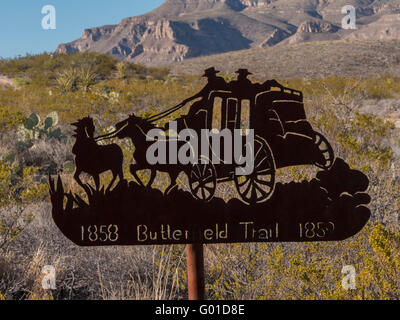 Butterfield Trail marker, Williams Ranch Road, Guadalupe Mountains National Park, Texas. Stock Photo