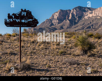 Butterfield Trail marker, Williams Ranch Road, Guadalupe Mountains National Park, Texas. Stock Photo