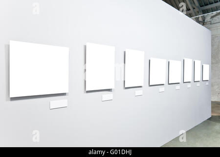Eight white empty large banners on exposition Stock Photo
