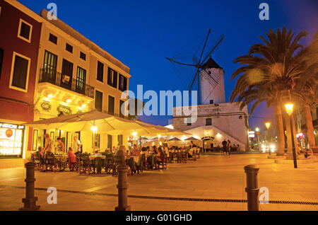 Menorca, Balearic Islands, Spain, Europe: night view of the Moli d’es Comte Asador in Ciutadella, an old windmill converted into a bar and restaurant Stock Photo