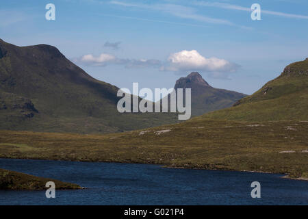 Cul Beag Stac Pollaidh in background An Loagh on flank of Cul Mor Lochan an Ais foreground from Knockan Crag Assynt Scotland Stock Photo