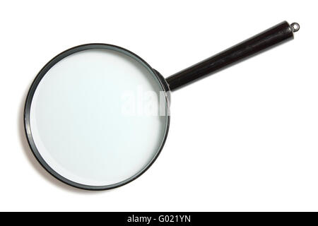 Magnifying glass with the black plastic handle on a white background it is isolated Stock Photo