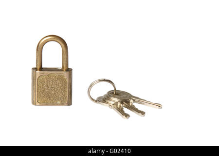the padlock and the bunch of keys. isolated on white Stock Photo