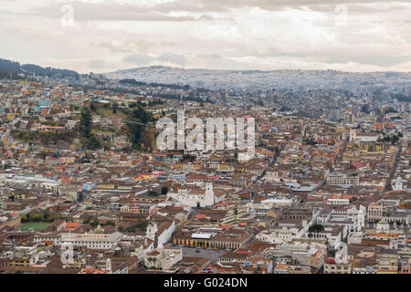 Cityscape panoramic aerial view from panecillo viewpoint of Quito city, Ecuador. Stock Photo