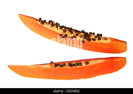 Close-up of two papaya slices. Isolated on white Stock Photo