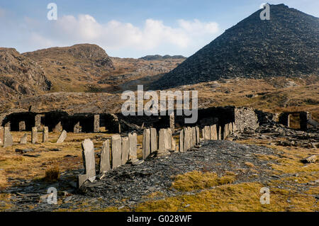 Rhosydd slate quarry slate spoil heap and remains ruins of fences and buildings Near Blaenau Ffestiniog Gwynedd North Wales UK Stock Photo