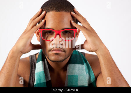 Young black man wearing red glasses Stock Photo