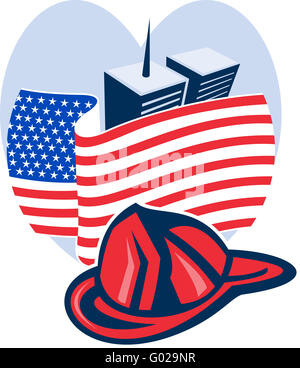 american flag with twin tower building firefighter helmet Stock Photo