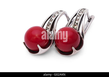 Silver Earrings with Red Coral isolated on the white background Stock Photo