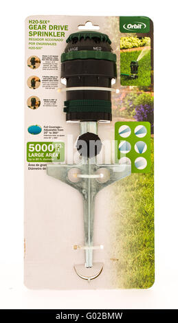 Winneconni, WI - 29 June 2015:  Package of an Orbit lawn sprinkler that you connect a hose to. Stock Photo