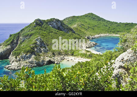 Twin bays of Porto Timoni, Corfu, Greece Stock Photo