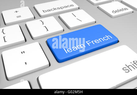 Learn French key on a computer keyboard for online classes to speak, read, and write the language, 3D rendering Stock Photo