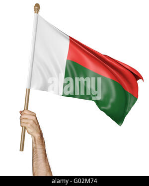 Hand proudly waving the national flag of Madagascar, 3D rendering Stock Photo