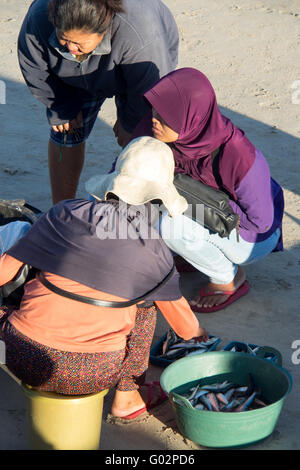 A woman selling fish on the beach at Jimbaran Bay, Bali. Stock Photo