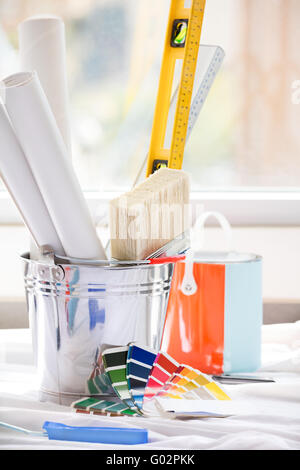 Tools for home renovation, set of a different instruments for house repair and interior design improvement Stock Photo