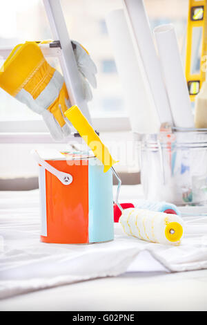 Tools for home renovation, set of a different instruments for house repair and interior design improvement Stock Photo