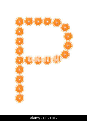 Letter P from orange slices isolated on white Stock Photo