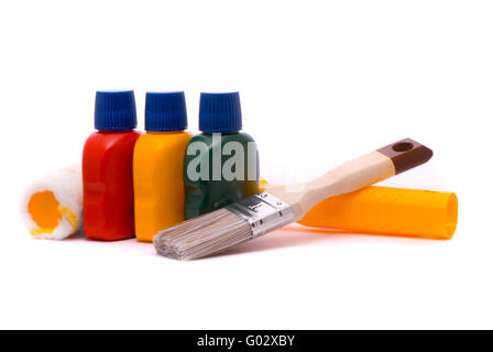 Paintbrush, roller and paints isolated on white background Stock Photo