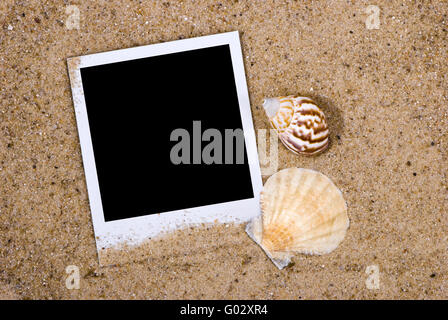 Photo frame with sea shells on sand background Stock Photo